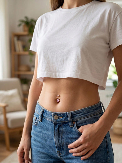 1pc 14G Stainless Steel Belly Button Ring, Gold Color, Pink Cubic Zirconia, Classic Style Daily Wear Women's Navel Piercing Ring, 6/8/10/12/14/16/18mm