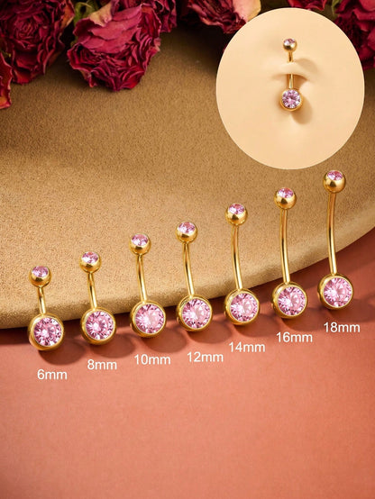 1pc 14G Stainless Steel Belly Button Ring, Gold Color, Pink Cubic Zirconia, Classic Style Daily Wear Women's Navel Piercing Ring, 6/8/10/12/14/16/18mm