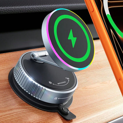 1pc 15W Magnetic Wireless Car Charger Mount, 720° Rotating Foldable Phone Holder With RGB Light, Telescopic Dual-Axis Adjustable Arm, Vacuum Suction Cup Dashboard Installation, Compatible With IPhone