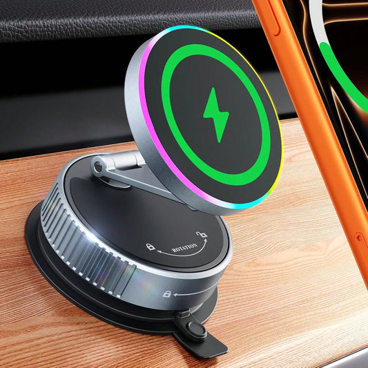 1pc 15W Magnetic Wireless Car Charger Mount, 720° Rotating Foldable Phone Holder With RGB Light, Telescopic Dual-Axis Adjustable Arm, Vacuum Suction Cup Dashboard Installation, Compatible With IPhone