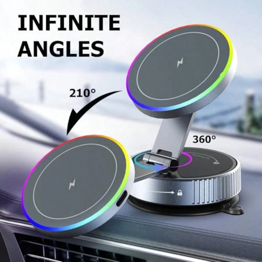 1pc 15W Magnetic Wireless Car Charger Mount, 720° Rotating Foldable Phone Holder With RGB Light, Telescopic Dual-Axis Adjustable Arm, Vacuum Suction Cup Dashboard Installation, Compatible With IPhone