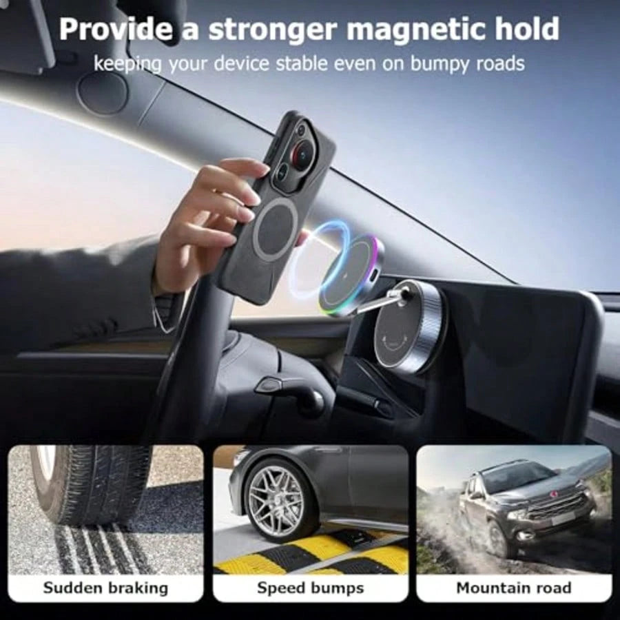 1pc 15W Magnetic Wireless Car Charger Mount, 720° Rotating Foldable Phone Holder With RGB Light, Telescopic Dual-Axis Adjustable Arm, Vacuum Suction Cup Dashboard Installation, Compatible With IPhone