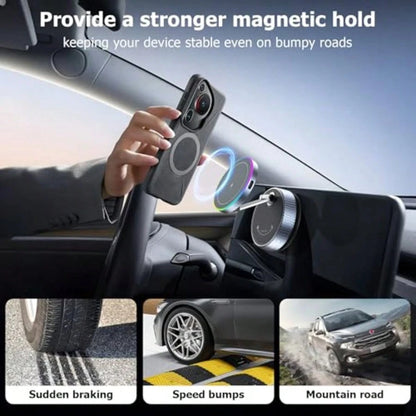 1pc 15W Magnetic Wireless Car Charger Mount, 720° Rotating Foldable Phone Holder With RGB Light, Telescopic Dual-Axis Adjustable Arm, Vacuum Suction Cup Dashboard Installation, Compatible With IPhone