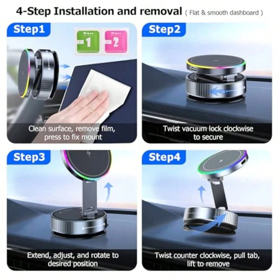 1pc 15W Magnetic Wireless Car Charger Mount, 720° Rotating Foldable Phone Holder With RGB Light, Telescopic Dual-Axis Adjustable Arm, Vacuum Suction Cup Dashboard Installation, Compatible With IPhone