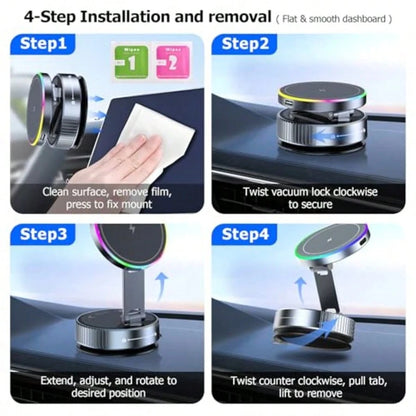 1pc 15W Magnetic Wireless Car Charger Mount, 720° Rotating Foldable Phone Holder With RGB Light, Telescopic Dual-Axis Adjustable Arm, Vacuum Suction Cup Dashboard Installation, Compatible With IPhone