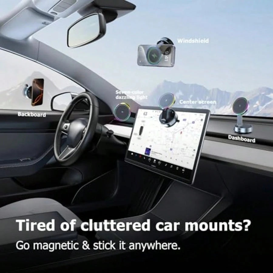 1pc 15W Magnetic Wireless Car Charger Mount, 720° Rotating Foldable Phone Holder With RGB Light, Telescopic Dual-Axis Adjustable Arm, Vacuum Suction Cup Dashboard Installation, Compatible With IPhone