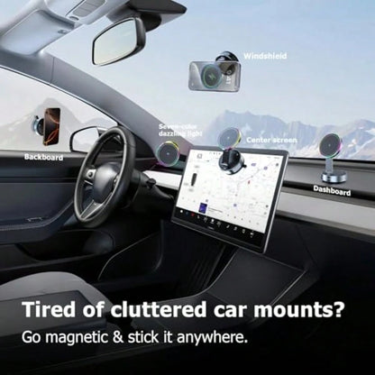 1pc 15W Magnetic Wireless Car Charger Mount, 720° Rotating Foldable Phone Holder With RGB Light, Telescopic Dual-Axis Adjustable Arm, Vacuum Suction Cup Dashboard Installation, Compatible With IPhone