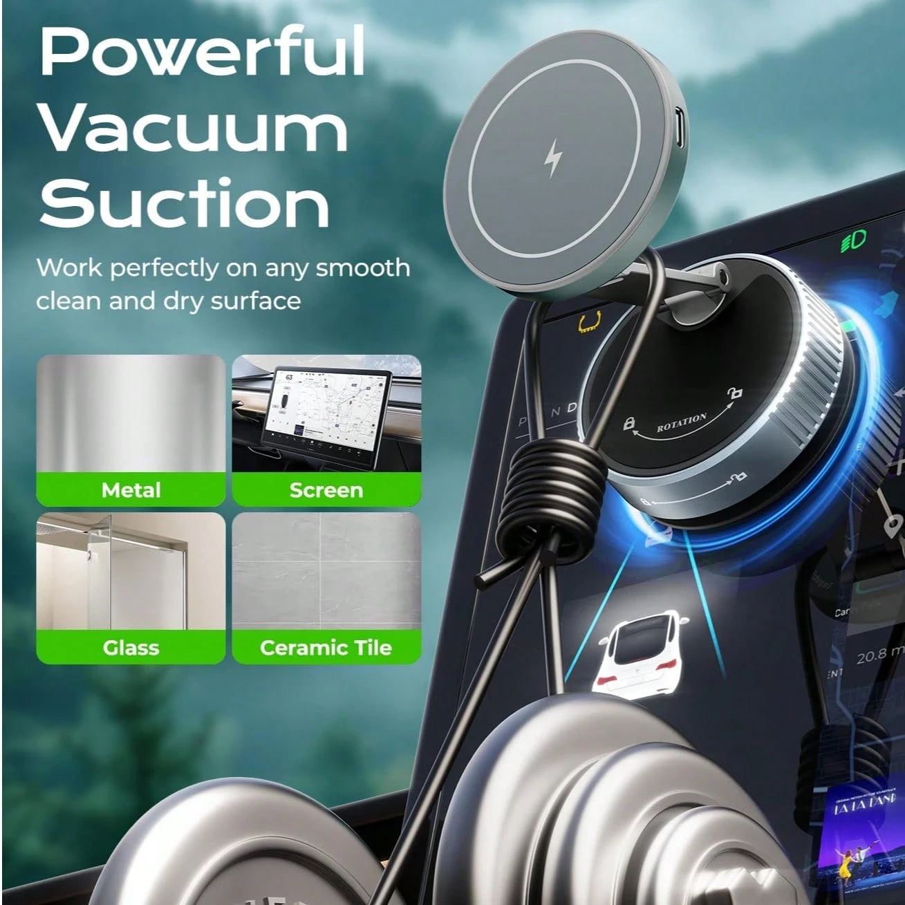 1pc 15W Magnetic Wireless Car Charger Mount, 720° Rotating Foldable Phone Holder With RGB Light, Telescopic Dual-Axis Adjustable Arm, Vacuum Suction Cup Dashboard Installation, Compatible With IPhone