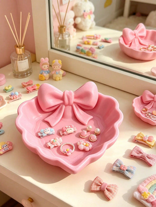 1pc/2/4/6pcs 3D Printed Mini Heart Jewelry Tray With Pink Bowknot. For Jewelry Storage Desktop Decor On Dresser, Desk, Nightstand Ideal Valentine Gift