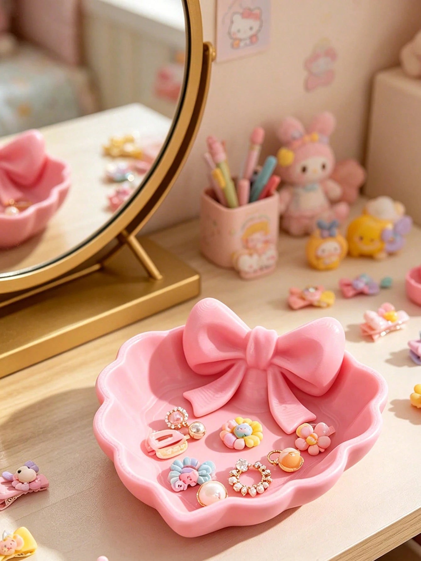 1pc/2/4/6pcs 3D Printed Mini Heart Jewelry Tray With Pink Bowknot. For Jewelry Storage Desktop Decor On Dresser, Desk, Nightstand Ideal Valentine Gift