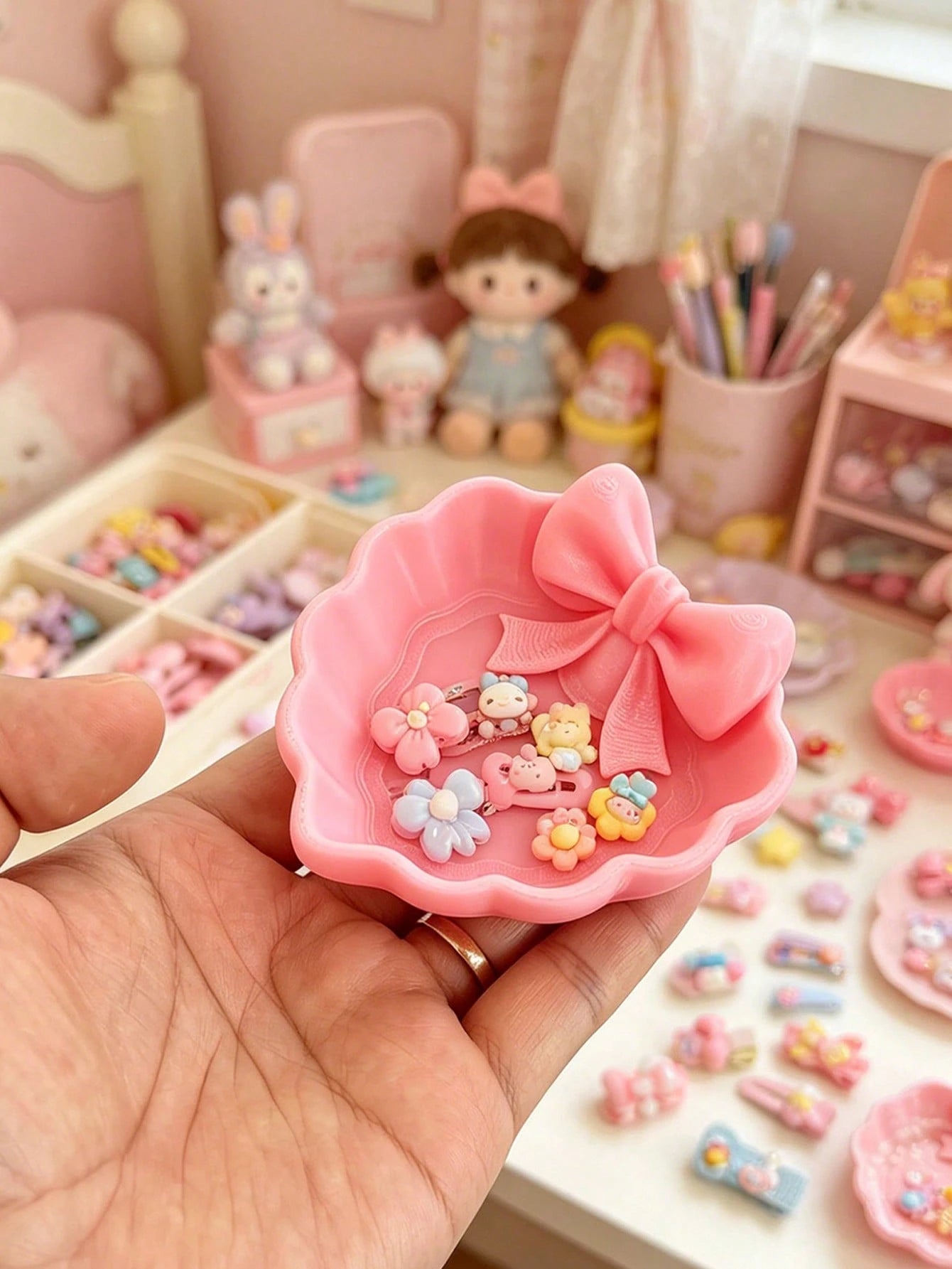 1pc/2/4/6pcs 3D Printed Mini Heart Jewelry Tray With Pink Bowknot. For Jewelry Storage Desktop Decor On Dresser, Desk, Nightstand Ideal Valentine Gift