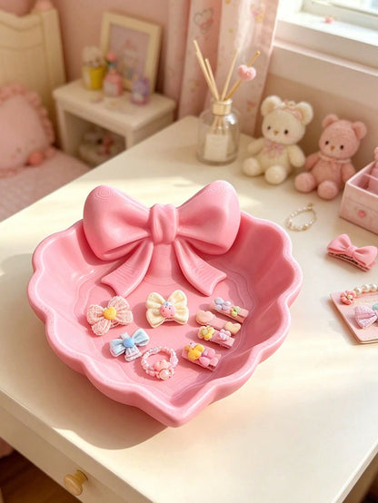 1pc/2/4/6pcs 3D Printed Mini Heart Jewelry Tray With Pink Bowknot. For Jewelry Storage Desktop Decor On Dresser, Desk, Nightstand Ideal Valentine Gift
