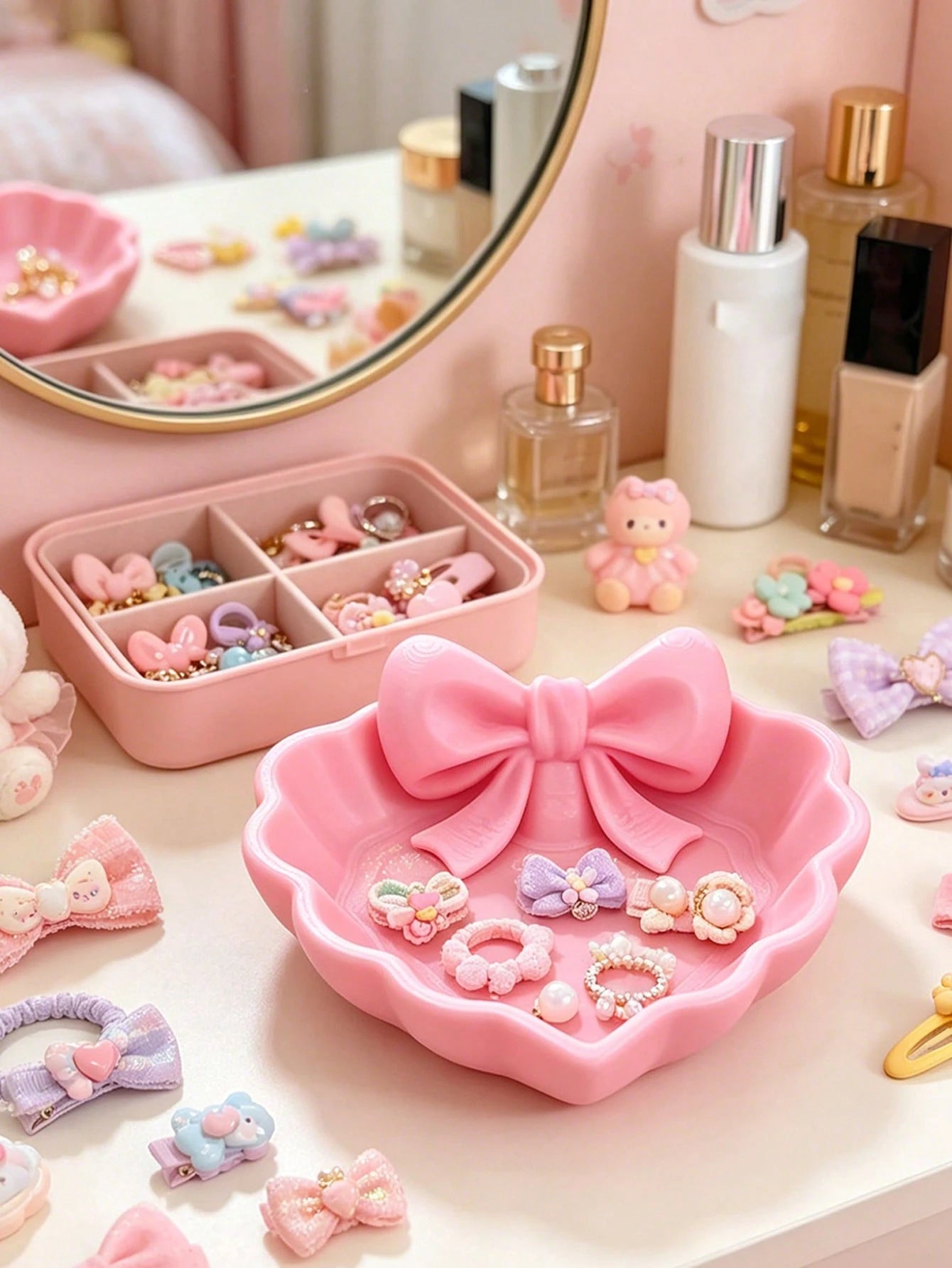1pc/2/4/6pcs 3D Printed Mini Heart Jewelry Tray With Pink Bowknot. For Jewelry Storage Desktop Decor On Dresser, Desk, Nightstand Ideal Valentine Gift