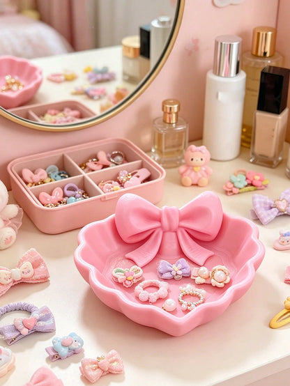 1pc/2/4/6pcs 3D Printed Mini Heart Jewelry Tray With Pink Bowknot. For Jewelry Storage Desktop Decor On Dresser, Desk, Nightstand Ideal Valentine Gift