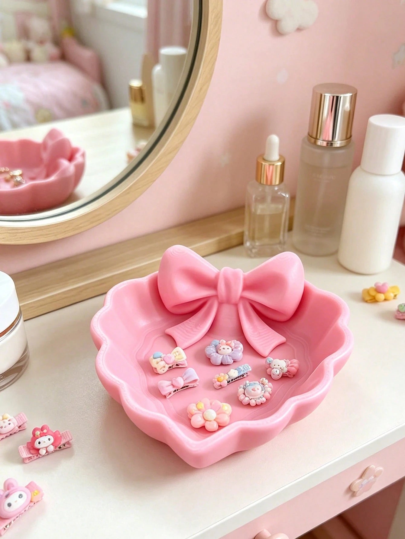 1pc/2/4/6pcs 3D Printed Mini Heart Jewelry Tray With Pink Bowknot. For Jewelry Storage Desktop Decor On Dresser, Desk, Nightstand Ideal Valentine Gift
