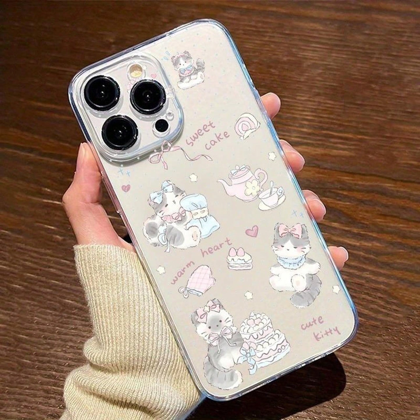 1PC 2DFlat Cute Kitten Pattern Transparent Fine Hole Case Suitable For Apple 17 16 15 14 13 12 11 Mini Plus Pro Max Series Phone Cases, Personalized Ins-Style Protective Cover, Fashionable Phone Case