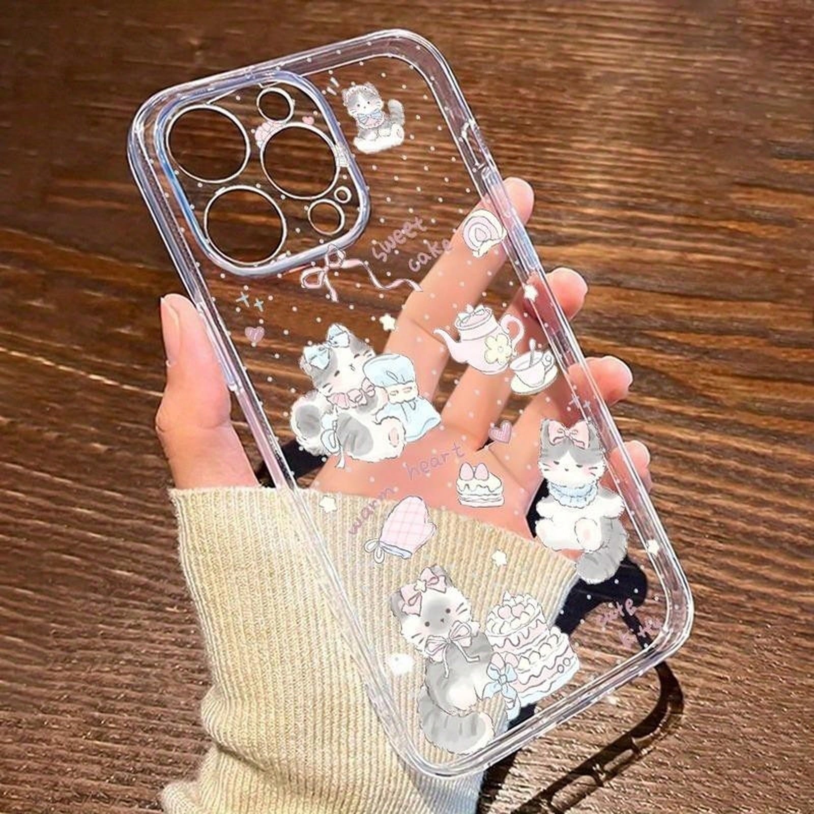 1PC 2DFlat Cute Kitten Pattern Transparent Fine Hole Case Suitable For Apple 17 16 15 14 13 12 11 Mini Plus Pro Max Series Phone Cases, Personalized Ins-Style Protective Cover, Fashionable Phone Case