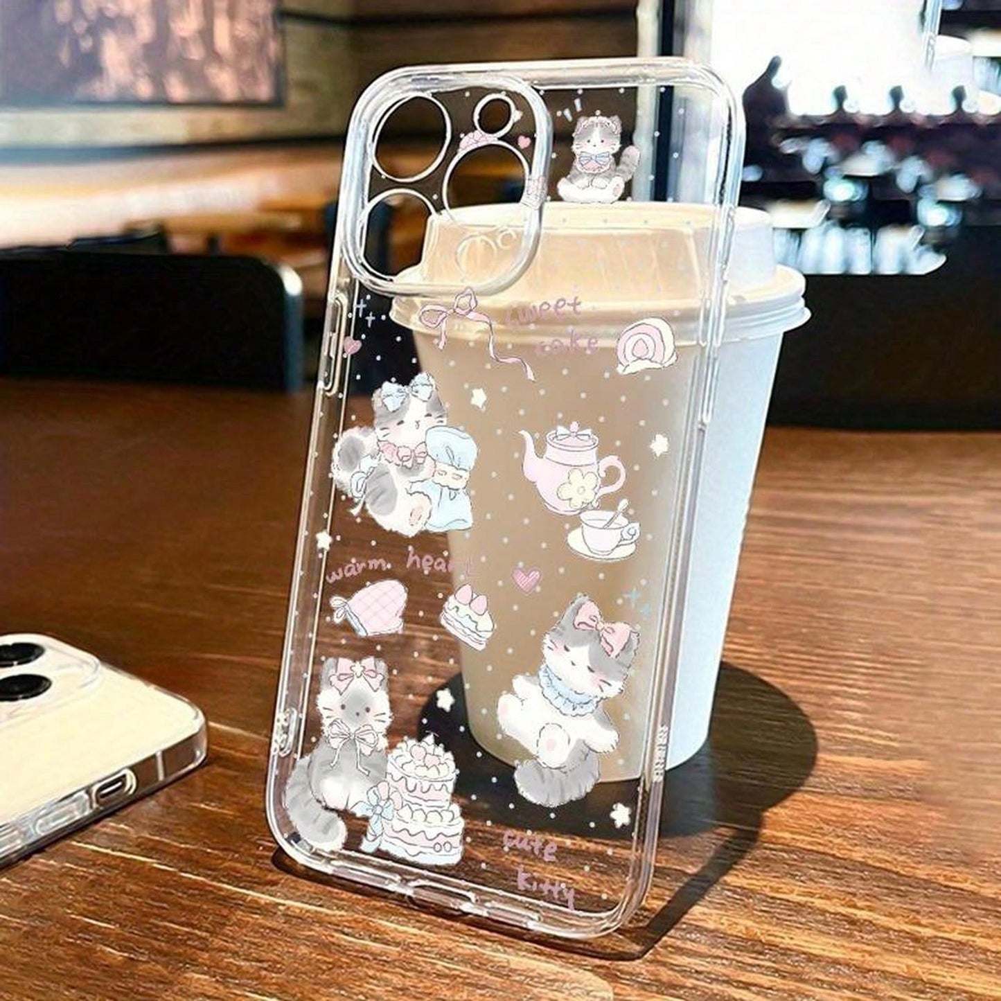 1PC 2DFlat Cute Kitten Pattern Transparent Fine Hole Case Suitable For Apple 17 16 15 14 13 12 11 Mini Plus Pro Max Series Phone Cases, Personalized Ins-Style Protective Cover, Fashionable Phone Case