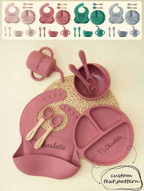 1pc/2PCS/8PCS Children Custom Silicone Set Name And Pattern Kids Dinner Set Portable Utensils Adjustable Bib Sucker Bowl Plate Sippy Cup, Baby Shower Gift
