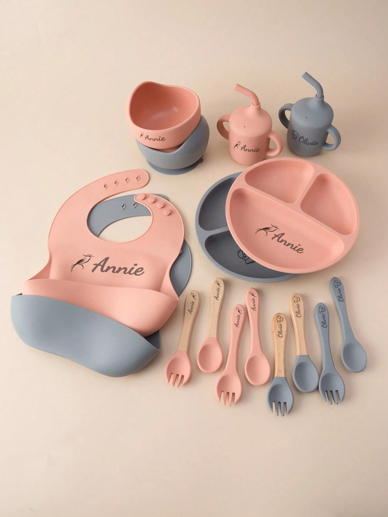 1pc/2PCS/8PCS Children Custom Silicone Set Name And Pattern Kids Dinner Set Portable Utensils Adjustable Bib Sucker Bowl Plate Sippy Cup, Baby Shower Gift