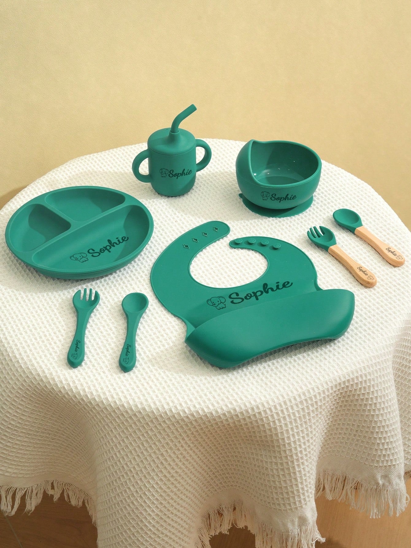 1pc/2PCS/8PCS Children Custom Silicone Set Name And Pattern Kids Dinner Set Portable Utensils Adjustable Bib Sucker Bowl Plate Sippy Cup, Baby Shower Gift