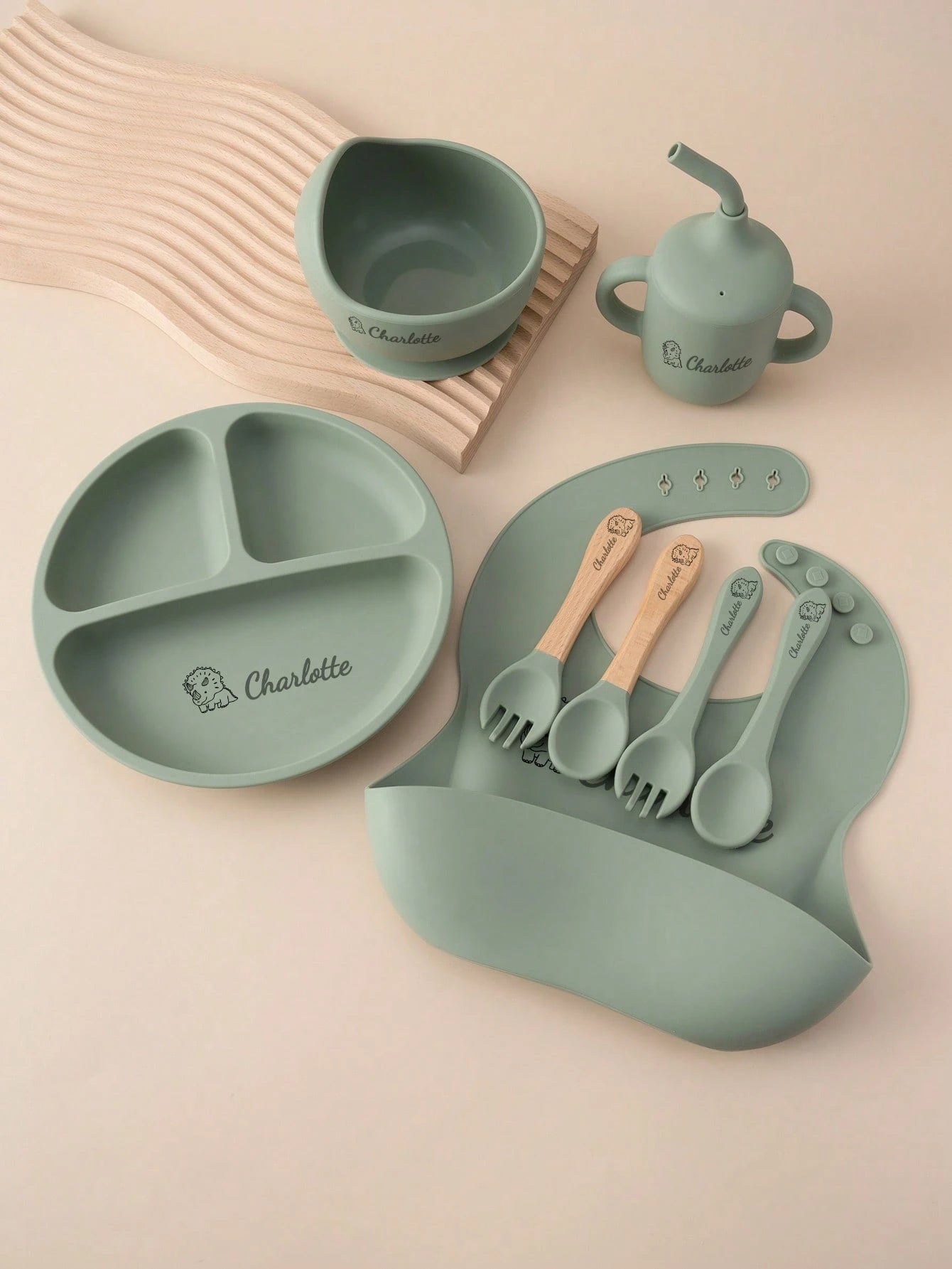 1pc/2PCS/8PCS Children Custom Silicone Set Name And Pattern Kids Dinner Set Portable Utensils Adjustable Bib Sucker Bowl Plate Sippy Cup, Baby Shower Gift