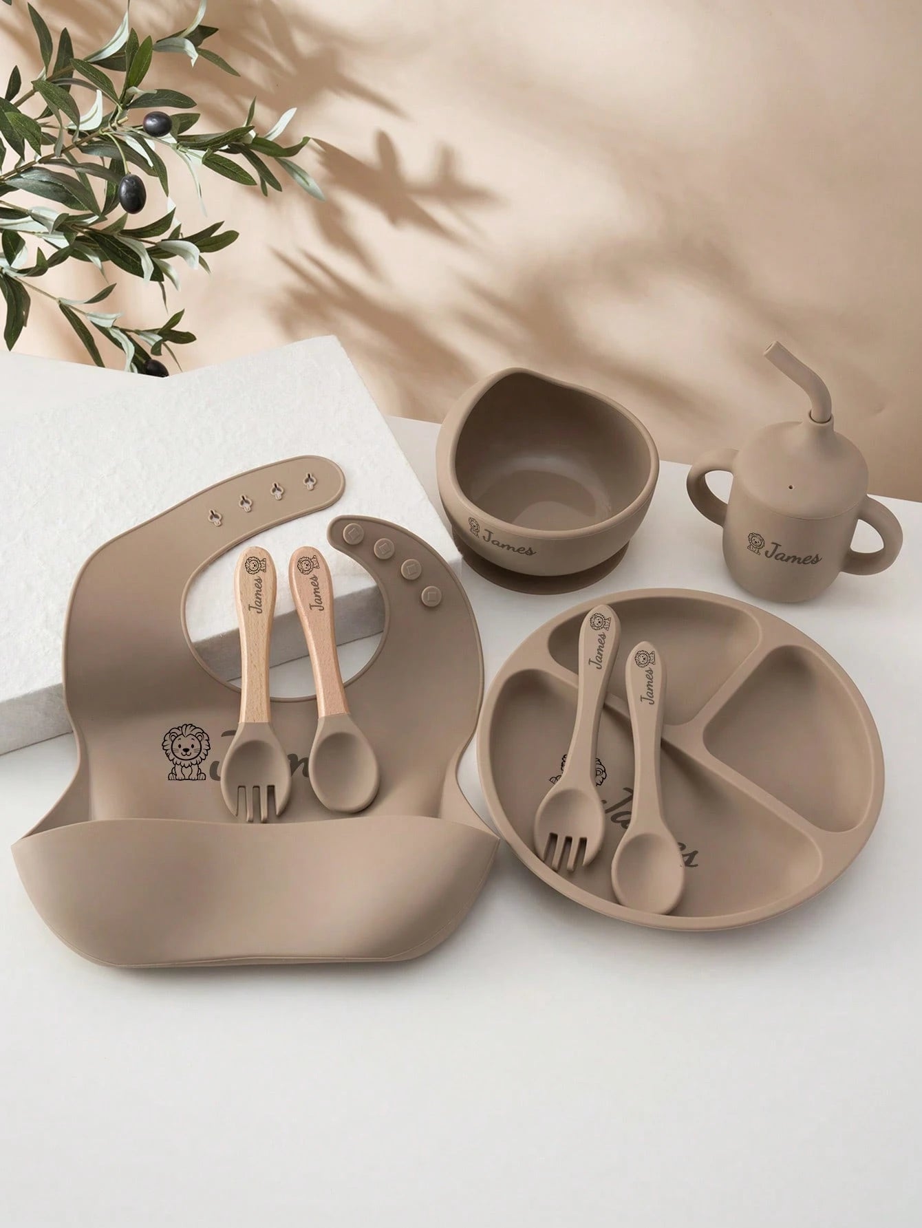 1pc/2PCS/8PCS Children Custom Silicone Set Name And Pattern Kids Dinner Set Portable Utensils Adjustable Bib Sucker Bowl Plate Sippy Cup, Baby Shower Gift