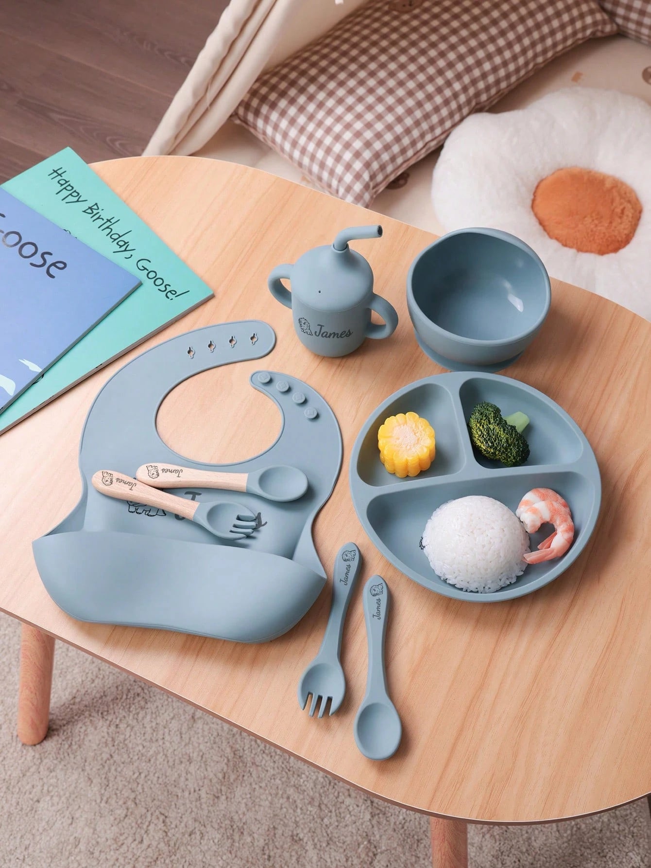 1pc/2PCS/8PCS Children Custom Silicone Set Name And Pattern Kids Dinner Set Portable Utensils Adjustable Bib Sucker Bowl Plate Sippy Cup, Baby Shower Gift
