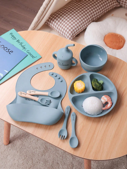 1pc/2PCS/8PCS Children Custom Silicone Set Name And Pattern Kids Dinner Set Portable Utensils Adjustable Bib Sucker Bowl Plate Sippy Cup, Baby Shower Gift