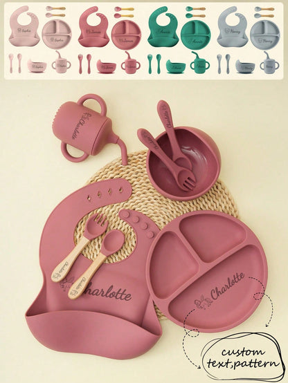 1pc/2PCS/8PCS Children Custom Silicone Set Name And Pattern Kids Dinner Set Portable Utensils Adjustable Bib Sucker Bowl Plate Sippy Cup, Baby Shower Gift