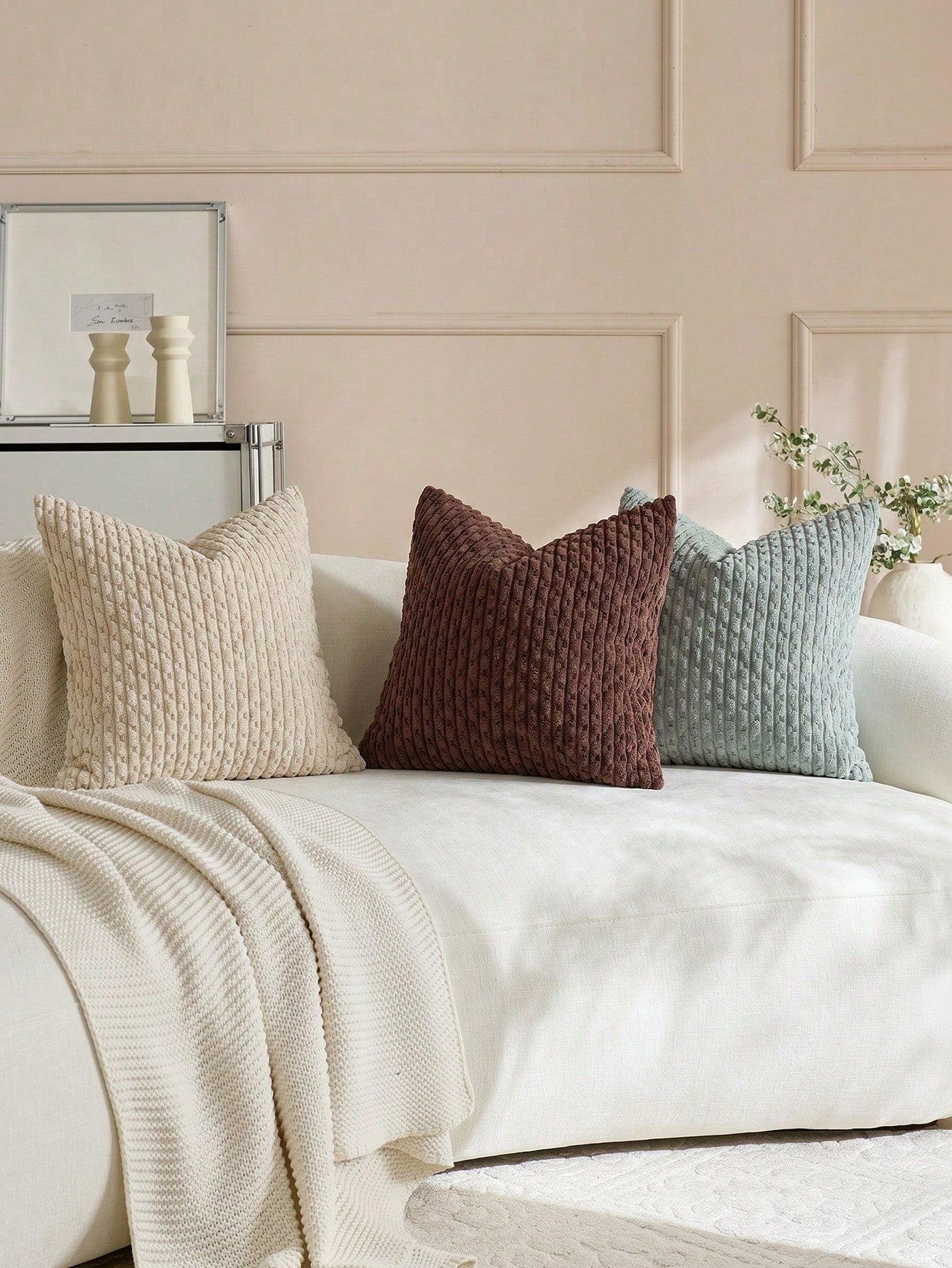 1pc/2pcs Bohemian Striped Throw Pillow Covers (Pillow Insert Not Included), Soft Plush Corduroy Solid Color Decorative Square Pillow Covers, Suitable For Holiday, Sofa, Bedroom, Bed, All Seasons Use.