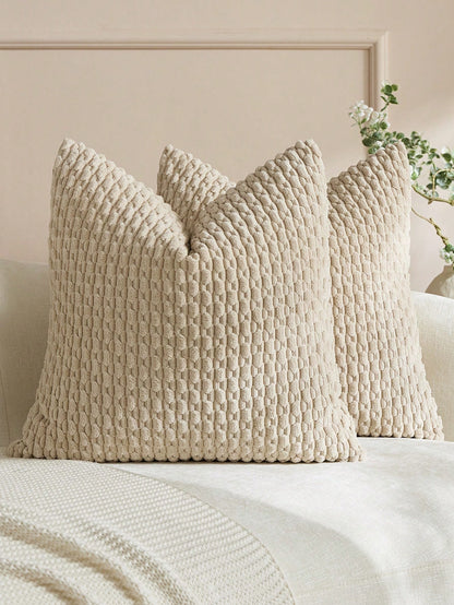 1pc/2pcs Bohemian Striped Throw Pillow Covers (Pillow Insert Not Included), Soft Plush Corduroy Solid Color Decorative Square Pillow Covers, Suitable For Holiday, Sofa, Bedroom, Bed, All Seasons Use.