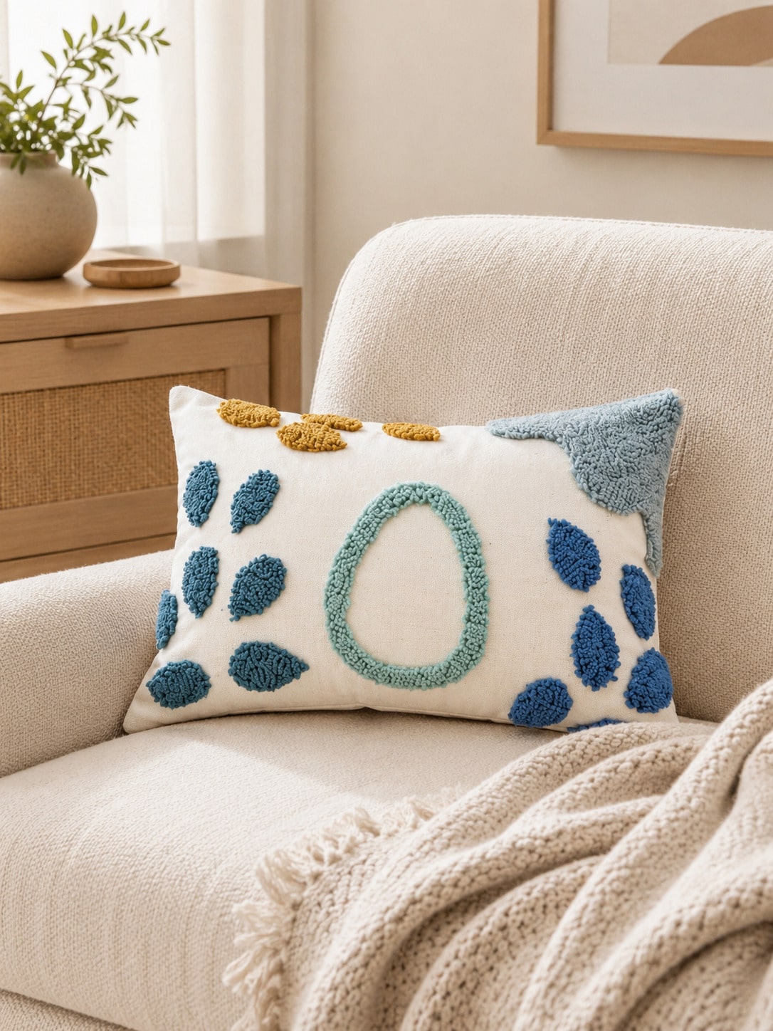 1pc/2pcs Boho Tufted Abstract Botanical Water-Drop Cushion Cover, Coastal Blue Mustard Ivory Pillow Case, Hidden Zipper, All Season Decorative Pillowcase (No Insert) For Sofa Bedroom Living Room Beach