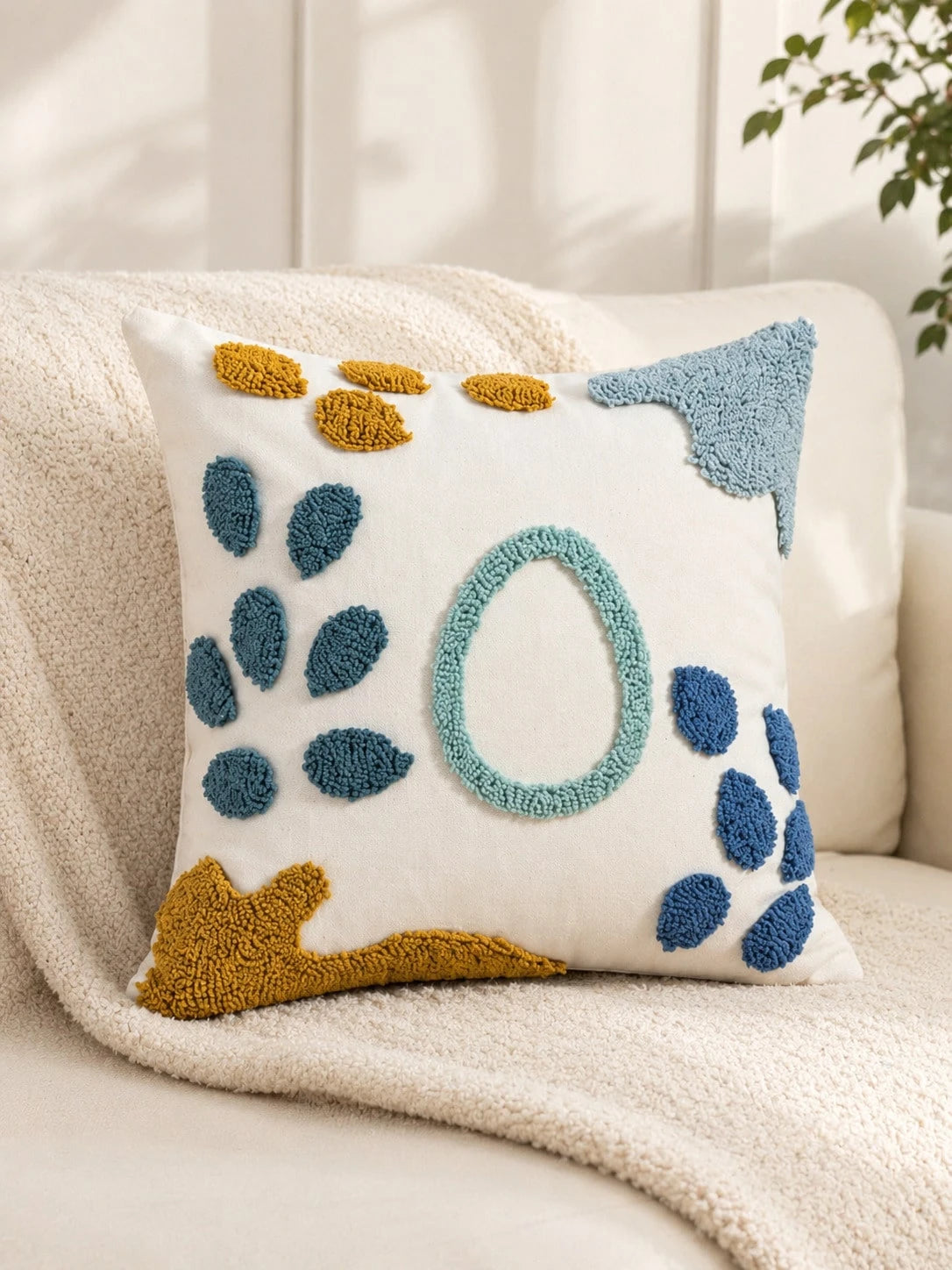 1pc/2pcs Boho Tufted Abstract Botanical Water-Drop Cushion Cover, Coastal Blue Mustard Ivory Pillow Case, Hidden Zipper, All Season Decorative Pillowcase (No Insert) For Sofa Bedroom Living Room Beach
