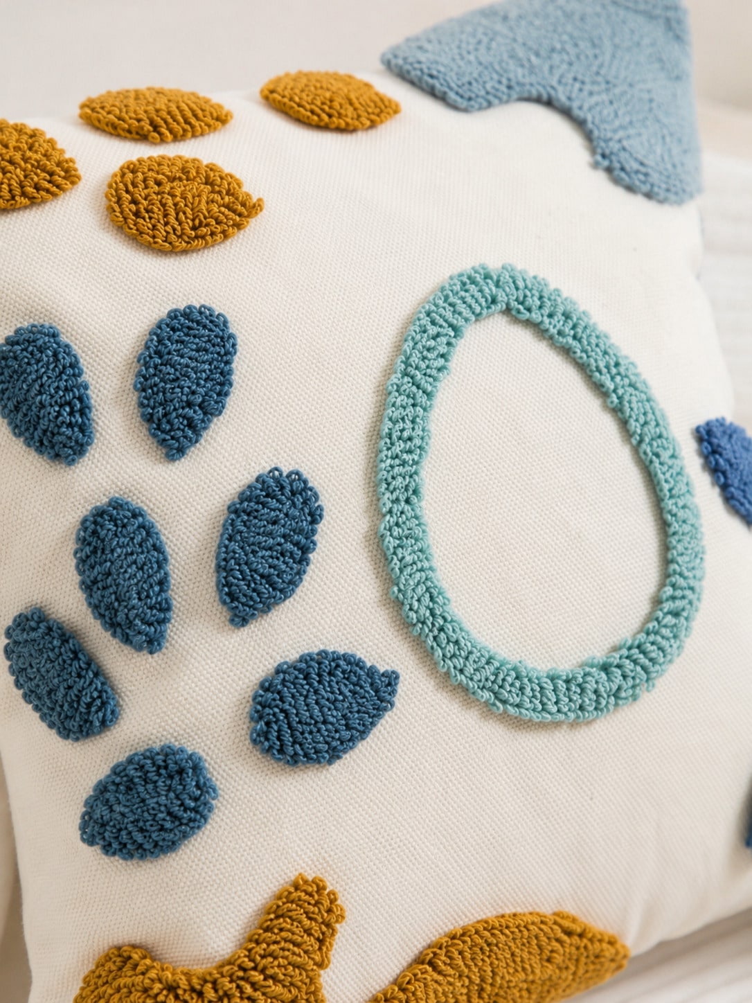 1pc/2pcs Boho Tufted Abstract Botanical Water-Drop Cushion Cover, Coastal Blue Mustard Ivory Pillow Case, Hidden Zipper, All Season Decorative Pillowcase (No Insert) For Sofa Bedroom Living Room Beach