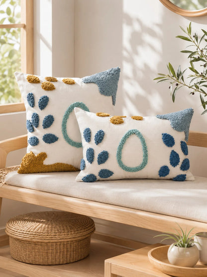 1pc/2pcs Boho Tufted Abstract Botanical Water-Drop Cushion Cover, Coastal Blue Mustard Ivory Pillow Case, Hidden Zipper, All Season Decorative Pillowcase (No Insert) For Sofa Bedroom Living Room Beach