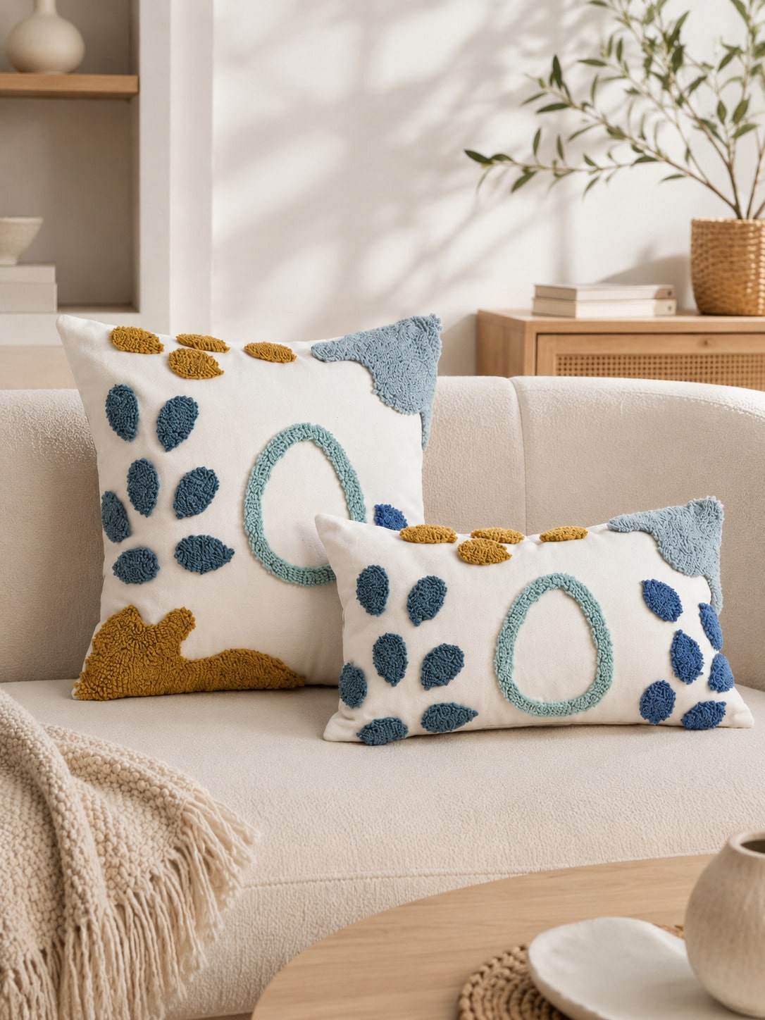 1pc/2pcs Boho Tufted Abstract Botanical Water-Drop Cushion Cover, Coastal Blue Mustard Ivory Pillow Case, Hidden Zipper, All Season Decorative Pillowcase (No Insert) For Sofa Bedroom Living Room Beach