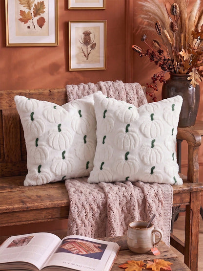 1pc/2pcs Halloween Pumpkin Pillow Case 18x18 Inch Soft Faux Fur Pumpkin Pillow Cover Autumn Decor Plush Farmhouse Style Pillowcase White