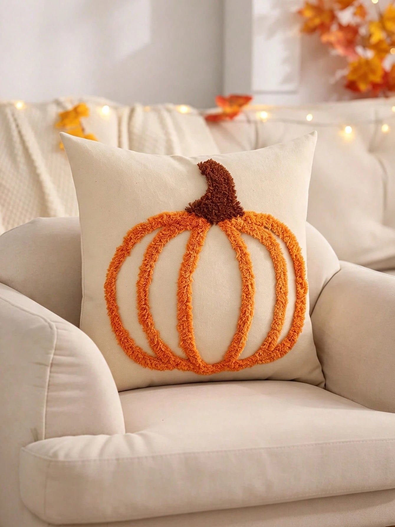 1pc/2pcs Halloween Throw Pillow Cover 18x18 Inch White Pumpkin Embroidered Decorative Pillowcase, Square Cushion Cover, Suitable For Bedroom, Living Room, Sofa, Patio, Garden Decoration And Daily Use