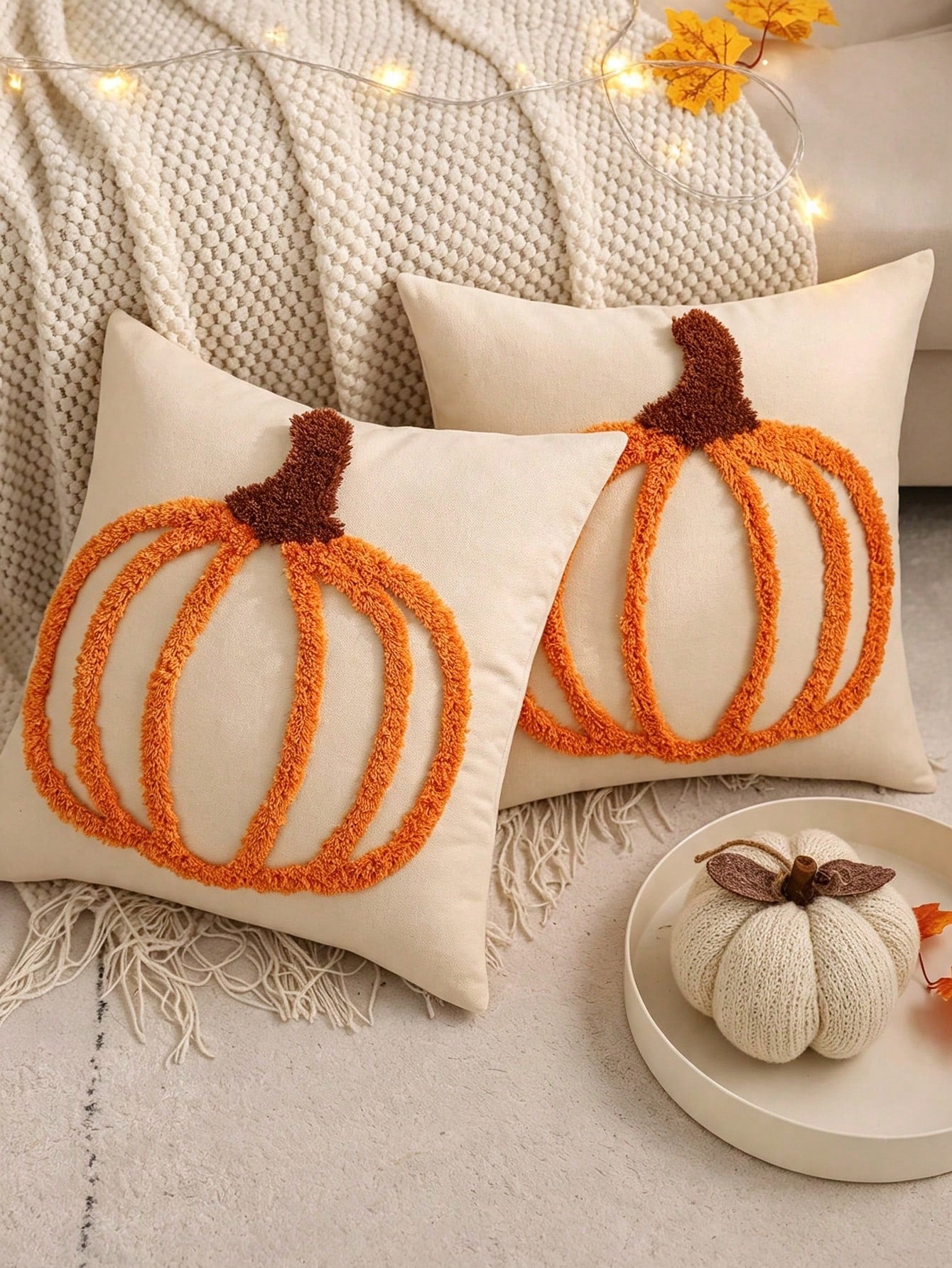 1pc/2pcs Halloween Throw Pillow Cover 18x18 Inch White Pumpkin Embroidered Decorative Pillowcase, Square Cushion Cover, Suitable For Bedroom, Living Room, Sofa, Patio, Garden Decoration And Daily Use