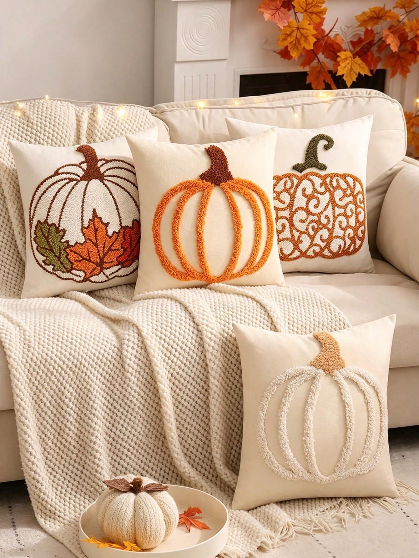 1pc/2pcs Halloween Throw Pillow Cover 18x18 Inch White Pumpkin Embroidered Decorative Pillowcase, Square Cushion Cover, Suitable For Bedroom, Living Room, Sofa, Patio, Garden Decoration And Daily Use