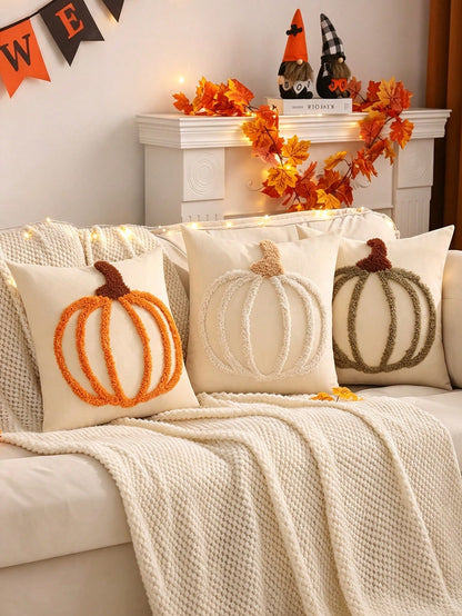1pc/2pcs Halloween Throw Pillow Cover 18x18 Inch White Pumpkin Embroidered Decorative Pillowcase, Square Cushion Cover, Suitable For Bedroom, Living Room, Sofa, Patio, Garden Decoration And Daily Use