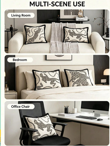 1pc 2pcs Leopard Pattern Pillow Case, Chenille Jacquard Woven With Piped Edge, Modern Nordic Leopard Animal Lumbar Pillow, Daily Living Room Sofa, Bedroom Bed Headrest, Outdoor Garden Party Fabric Dec