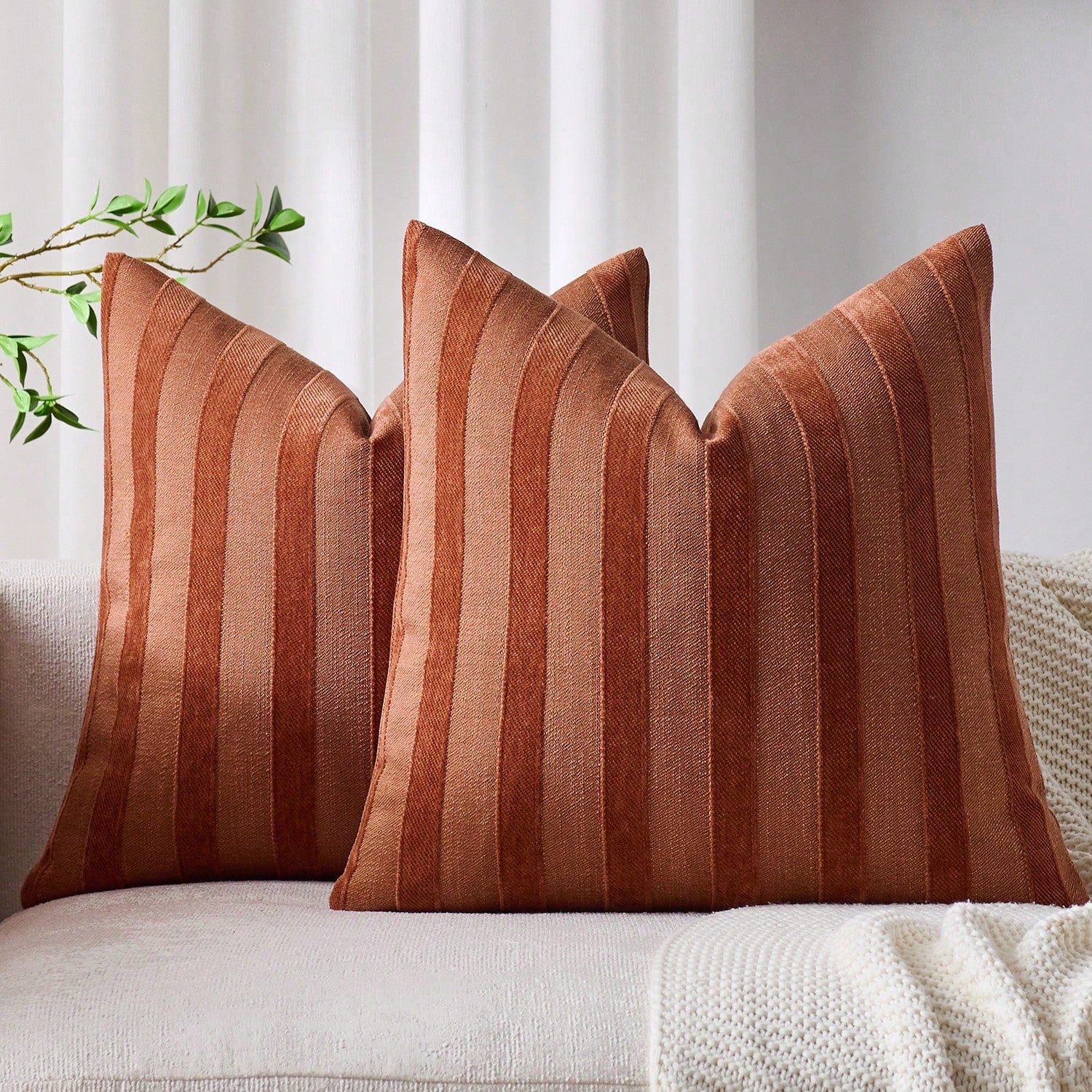 1pc/2pcs RUST 3D Striped Throw Pillow Cover (Pillow Insert Not Included), Modern Fashionable Soft Chenille And Faux Linen Blend Dual-Tone Striped Comfortable Cushion Cover, Suitable For Home Sofa, Bed