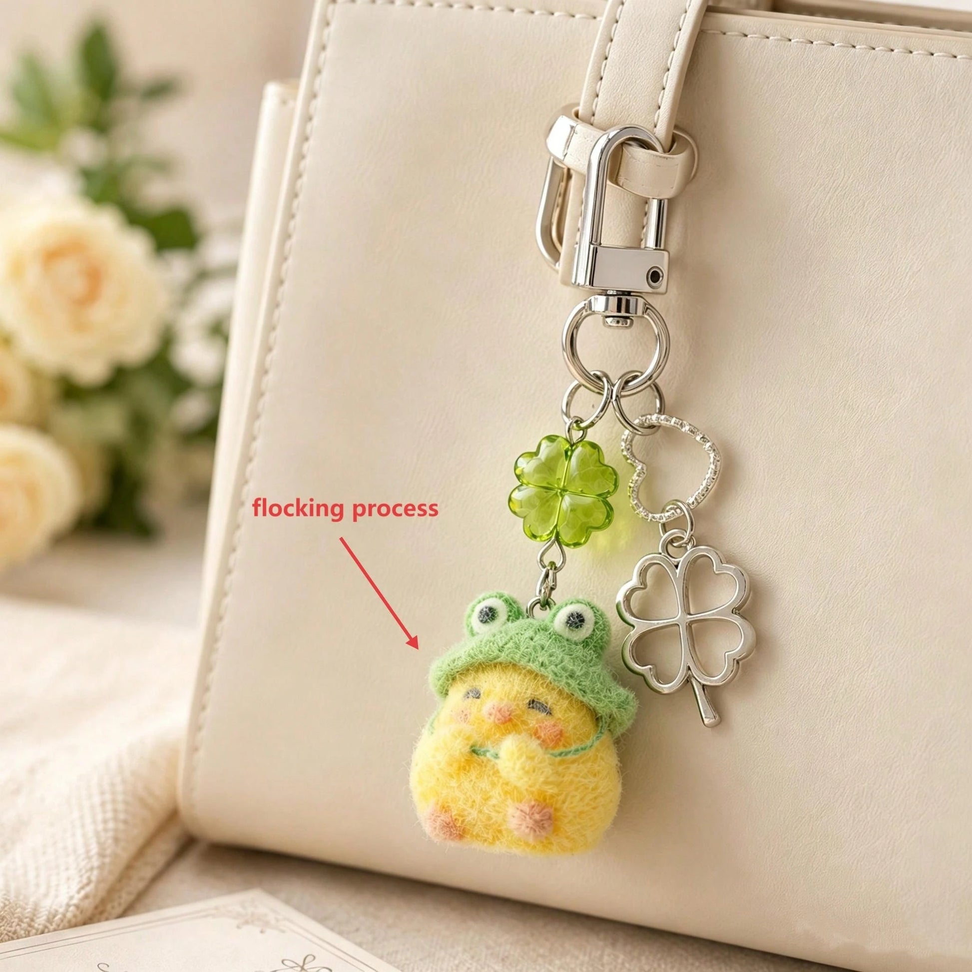 1pc/2pcs Unisex Flocked Frog Head Chick Cute Pendant Four-Leaf Clover Accessory Keychain Holiday Gift Bag Charm