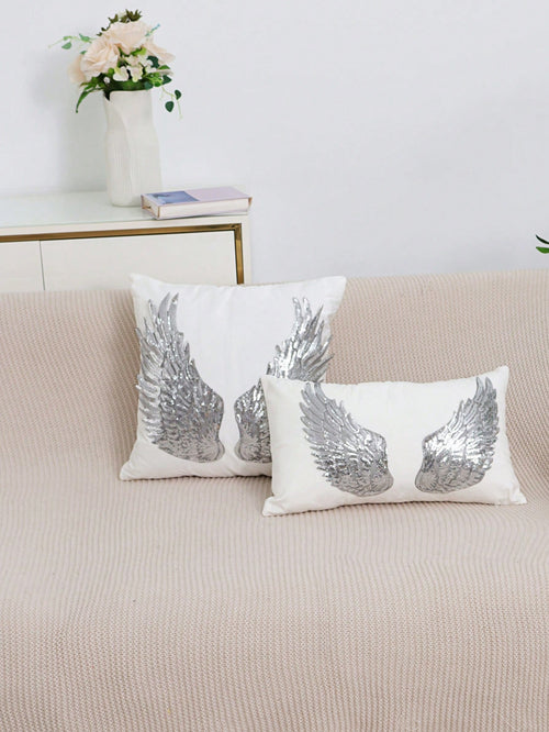 1pc/2pcs White Velvet Silver Wings Pattern Pillow Cover, Bohemian Sequin Embroidery Feather Decor Lumbar Cushion Cover For Bedroom, Living Room, Sofa, Car, Holiday Party, Garden, 30*50cm, 45*45cm, Pil