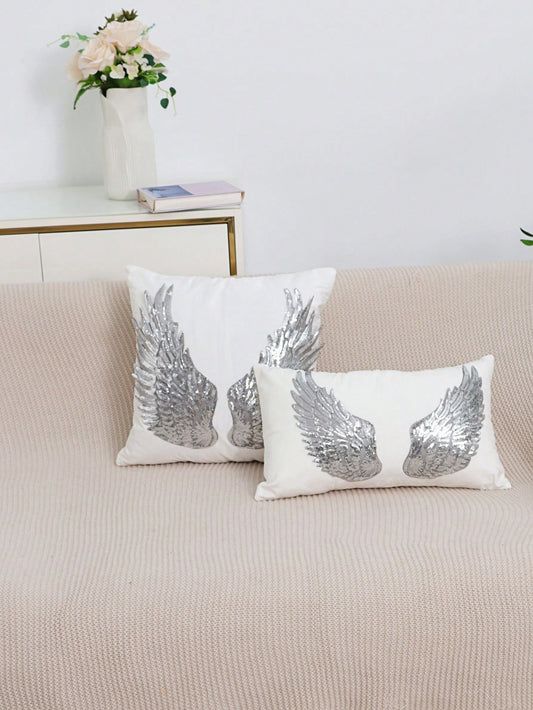 1pc/2pcs White Velvet Silver Wings Pattern Pillow Cover, Bohemian Sequin Embroidery Feather Decor Lumbar Cushion Cover For Bedroom, Living Room, Sofa, Car, Holiday Party, Garden, 30*50cm, 45*45cm, Pil