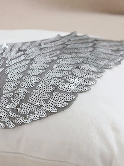 1pc/2pcs White Velvet Silver Wings Pattern Pillow Cover, Bohemian Sequin Embroidery Feather Decor Lumbar Cushion Cover For Bedroom, Living Room, Sofa, Car, Holiday Party, Garden, 30*50cm, 45*45cm, Pil