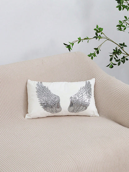 1pc/2pcs White Velvet Silver Wings Pattern Pillow Cover, Bohemian Sequin Embroidery Feather Decor Lumbar Cushion Cover For Bedroom, Living Room, Sofa, Car, Holiday Party, Garden, 30*50cm, 45*45cm, Pil