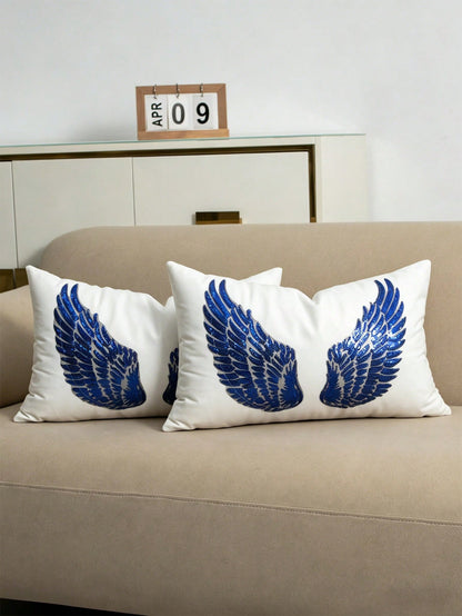 1pc/2pcs White Velvet Silver Wings Pattern Pillow Cover, Bohemian Sequin Embroidery Feather Decor Lumbar Cushion Cover For Bedroom, Living Room, Sofa, Car, Holiday Party, Garden, 30*50cm, 45*45cm, Pil